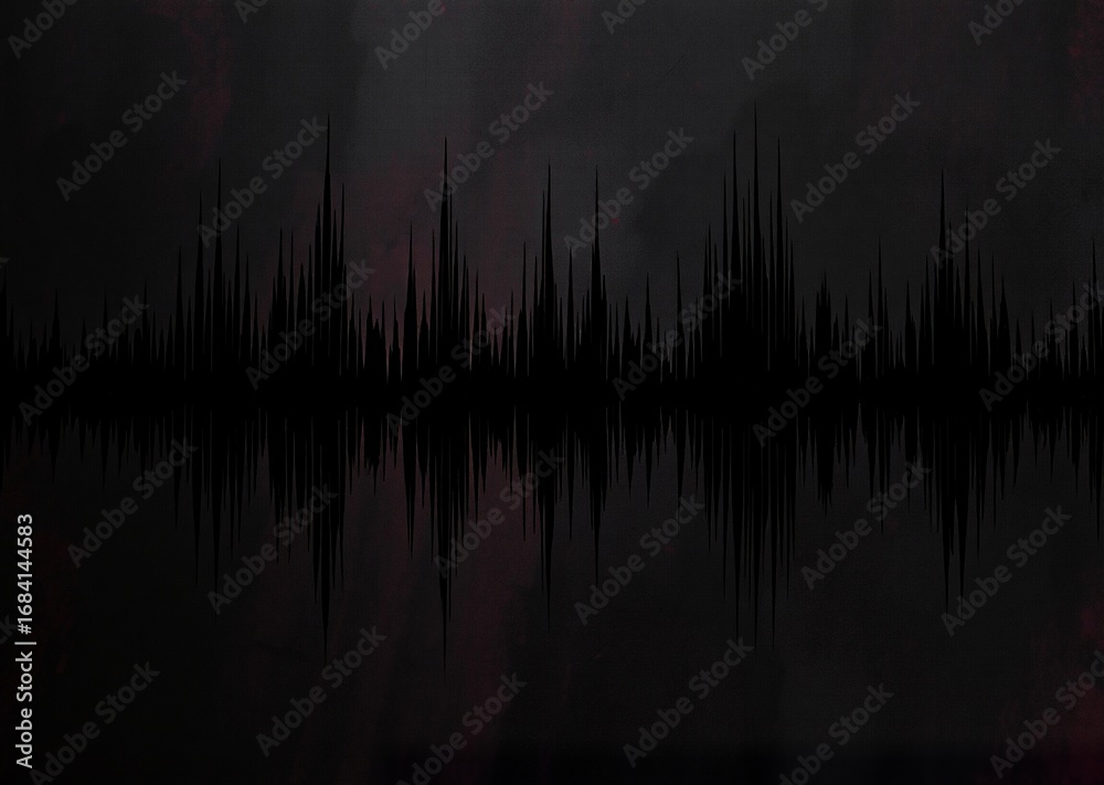 Fototapeta premium Dynamic black sound wave on a dark, textured background. Hints of red and purple create an abstract, atmospheric visual representation.
