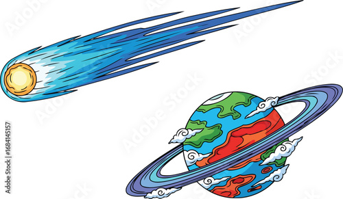 whimsical comet blazing past colorful ringed planet cosmic dance illustration