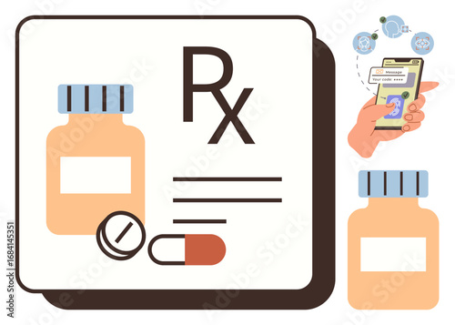 Medicine bottles, pills, and prescription pad alongside a hand using a mobile app for health tracking. Ideal for healthcare, pharmacy, telemedicine, medical innovation, technology, wellness simple