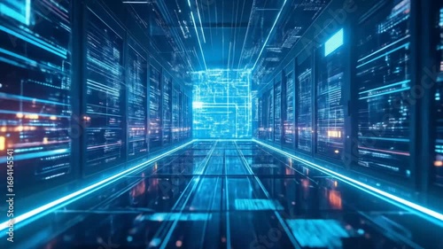 Wallpaper Mural Futuristic Server Room Corridor with Glowing Neon Lights and Advanced Technology Torontodigital.ca