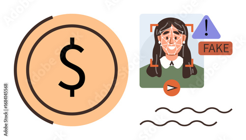 Dollar sign, facial recognition scan on womans image with alert, fake content warning, and play button. Ideal for technology, fraud, AI ethics, finance, cybersecurity identity verification digital