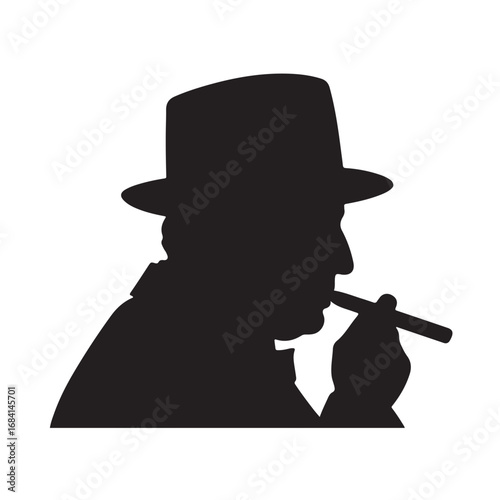 Black silhouette of a man in a hat smoking a cigar male person