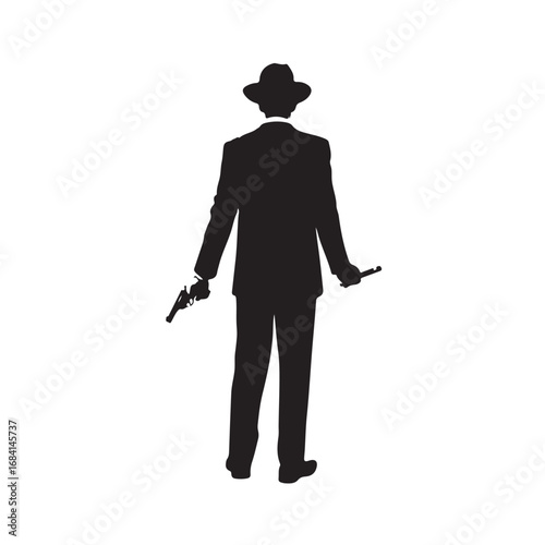 Black silhouette of a man in a fedora and suit holding two revolvers male person