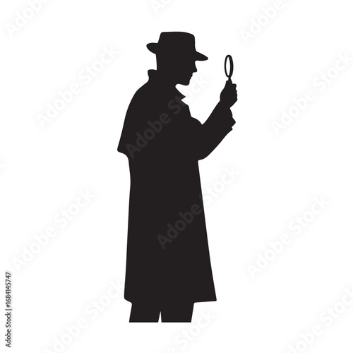 Silhouette of a detective in a trench coat and fedora hat holding a magnifying glass investigation