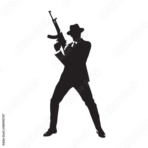 Man in suit and fedora holding automatic rifle silhouette vector