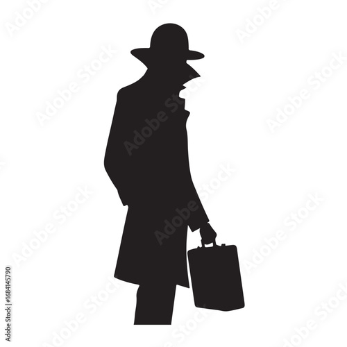 Black silhouette of a man in a fedora hat and trench coat carrying a briefcase person male
