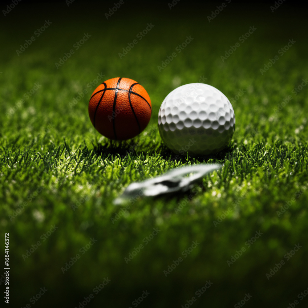 Naklejka premium Miniature basketball and golf ball rest on green artificial turf, alongside a small metallic object.
