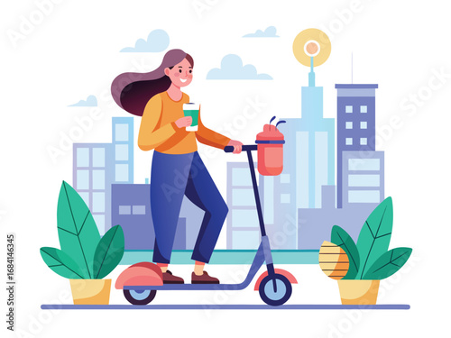 Young woman riding electric scooter through cityscape with plants and buildings