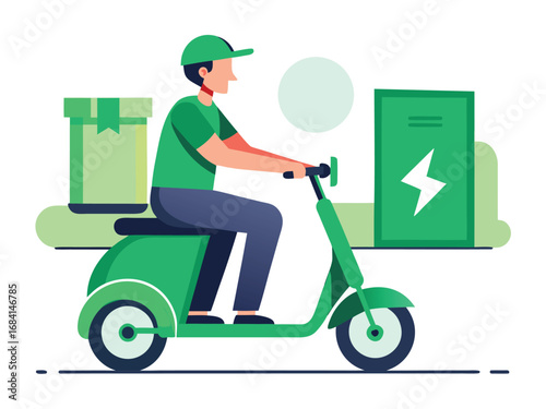 Professional courier on green electric scooter delivers package for business growth and efficiency