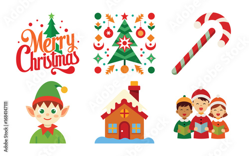 Vector art of collection of christmas illustrations including merry christmas text, festive tree, candy cane, elf, house, and carolers