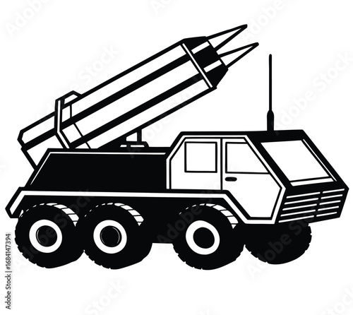 Black and White Illustration: Mobile Missile Launcher, Military Vehicle, Strategic Weaponry, Graphic Design.