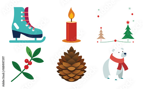 Vector art of collection of winter holiday icons including a ice skate, candle, christmas tree garland, holly, pinecone, and polar bear