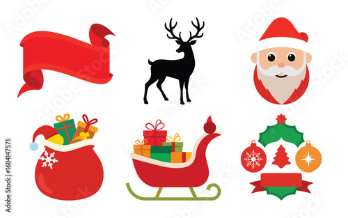 Vector art of collection of christmas icons including santa claus, reindeer, gift bag, sleigh, and festive ornaments