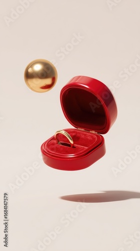 Floating red ring box with gold ring and sphere
