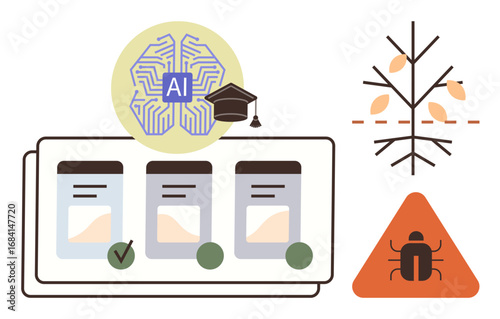 AI brain with graduation cap symbolizes machine learning in agriculture, pest alert sign near stressed plant, and analyzed soil samples. Ideal for technology, AI, agriculture, pest control