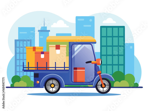 Blue electric cargo trike delivers packages through a modern city with tall buildings and trees