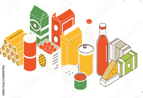 Isometric Illustration of Groceries: Canned Goods, Dairy, Pasta, and Produce in Retro Style