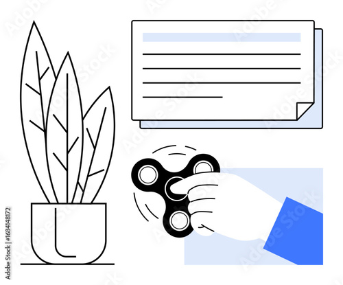 Hand spinning a fidget toy near stacked documents and leafy potted plant for stress relief, showcasing balance, productivity, relaxation, mindfulness, creativity, focus, and simplicity. A simple flat