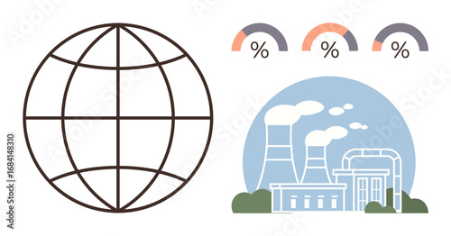 Globe grid, factory with smoke, percentage indicators emphasizing pollution, emission analysis, and sustainability. Ideal for ecology, environment, energy, climate change global issues education