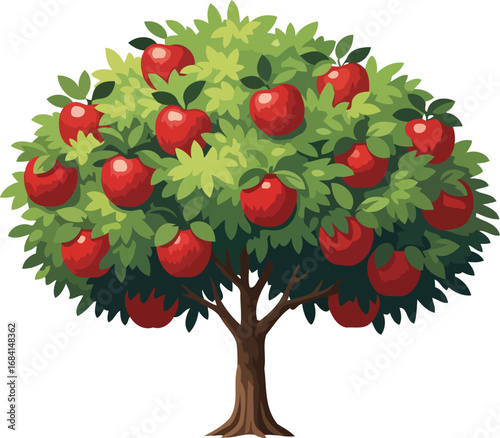 abundant red apple tree illustration lush green foliage, ripe fruit, detailed nature drawing