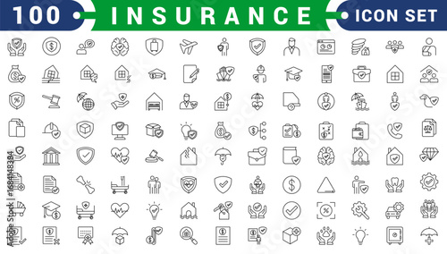 set of 100 glyph insurance web icons. filled icons such as problem electric,excessive weight for the vehicle,health insurance,