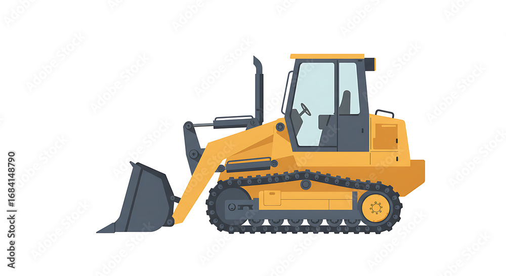 Fototapeta premium A bright yellow tracked loader with a black bucket and cab sits on a white background illustrating its construction capabilities and heavy machinery presence in the industry