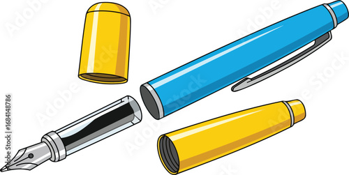 disassembled blue and yellow fountain pen detailed illustration of components