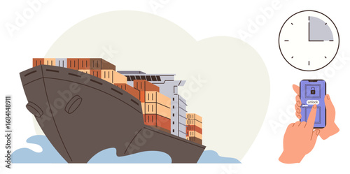 Cargo ship carrying stacked containers in motion on water, smartphone monitoring system, and clock for time tracking. Ideal for shipping, logistics, transport, supply chain, efficiency, tracking