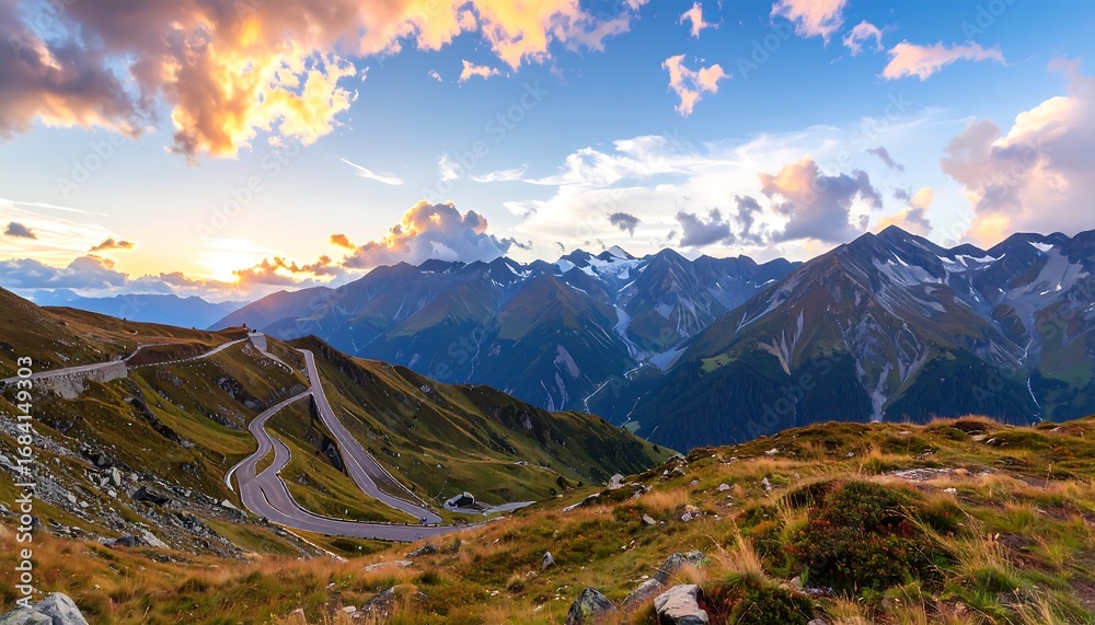 Fototapeta premium Mountainous road winding through valleys at sunset