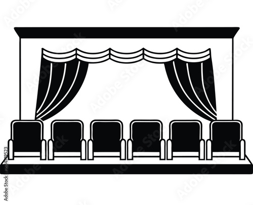Simple Black and White Illustration: Empty Theater Stage with Seats and Curtains