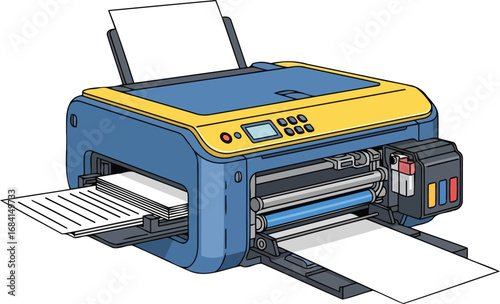 modern home office printer efficiently printing documents, blue and yellow design
