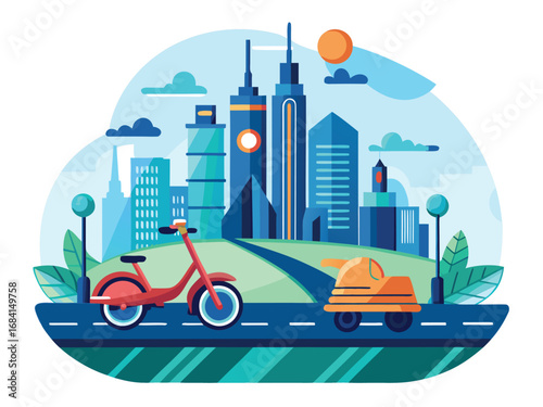 Vibrant futuristic cityscape with eco-friendly transportation and modern architecture