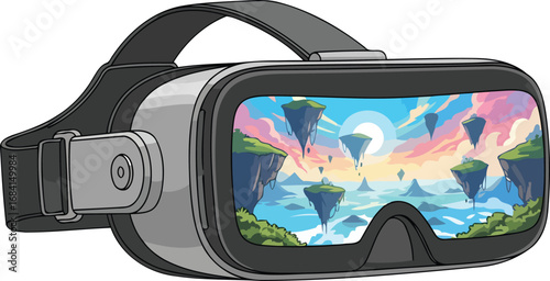 virtual reality headset displaying a fantasy landscape immersive experience