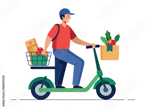 Man riding a scooter carrying groceries from a store delivering food