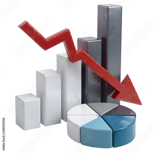Downward trend red arrow over financial bar and pie charts.