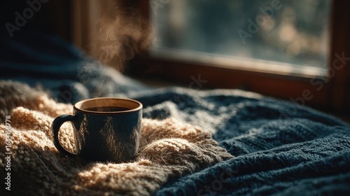 Cozy mug of steaming coffee on a windowsill blanket