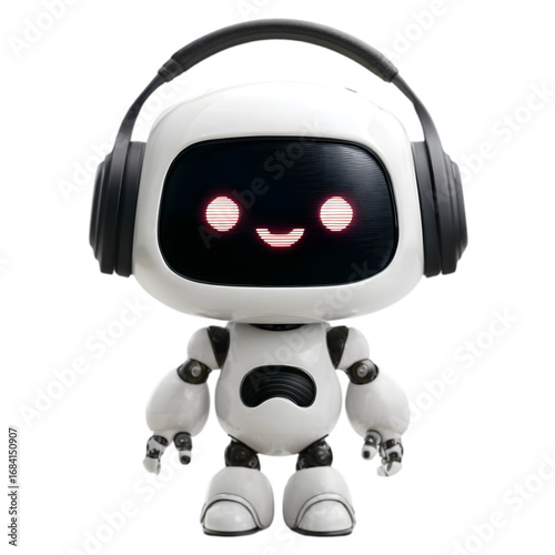 Cute white toy robot with headphones and a smiling face.