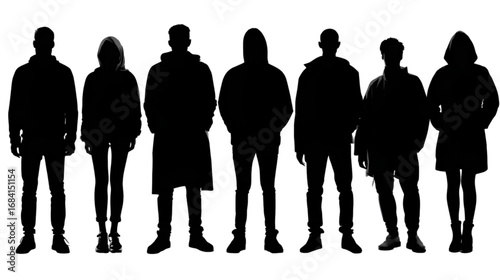 A group of seven people standing together as black silhouettes.