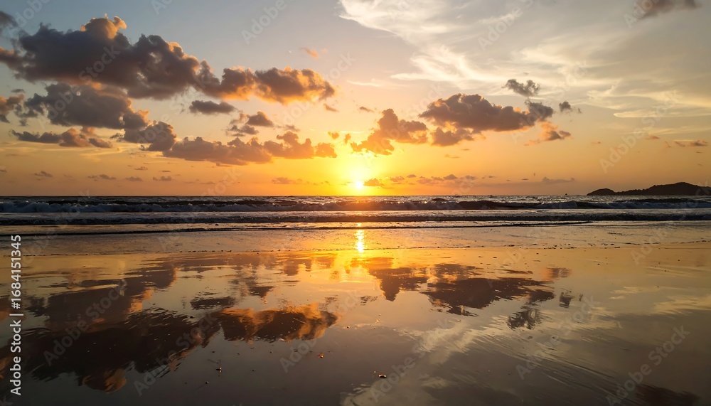 Obraz premium Golden sunset casts a serene glow over a tranquil beach, reflecting vibrant hues in the calm water.