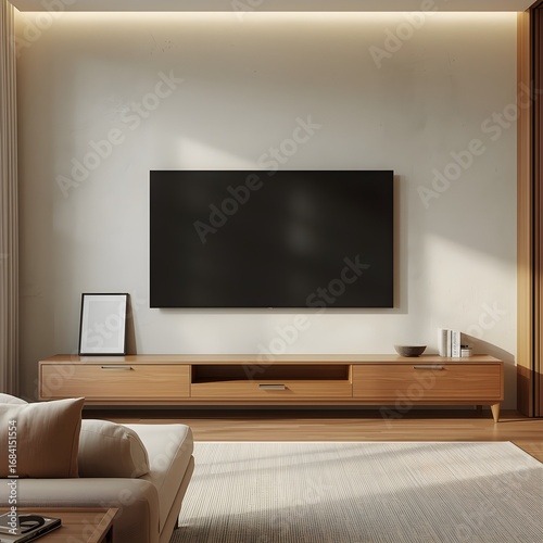 Modern Living Room with Flat Screen TV and Wooden Media Console