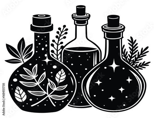 Halloween potion bottles and herbs vector illustration