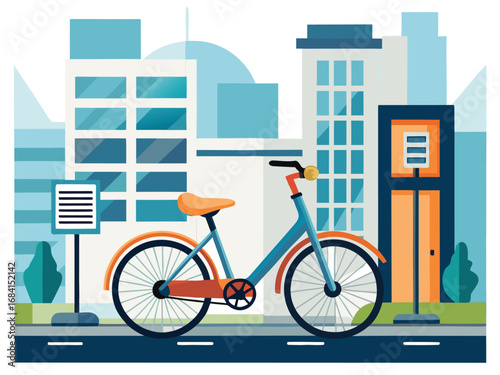 Urban commuter bicycle parked near modern city buildings and charging station