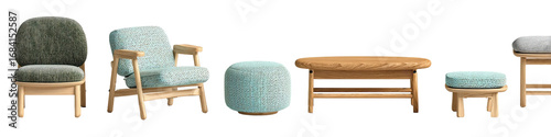 Wooden furniture set with light-colored fabric upholstery.  A light-oak colored wooden frame houses light-teal colored cushioned chairs and stools. A low, long, wooden coffee table is also present