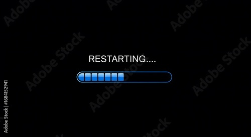 Obraz na płótnie Restarting screen with loading progress bar on black background, computer reboot process, digital system restart, technology update, and software installation concept