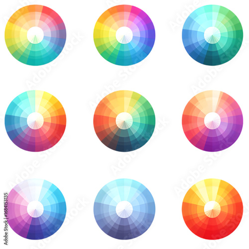 Set of Nine Vibrant and Diverse Color Wheels.