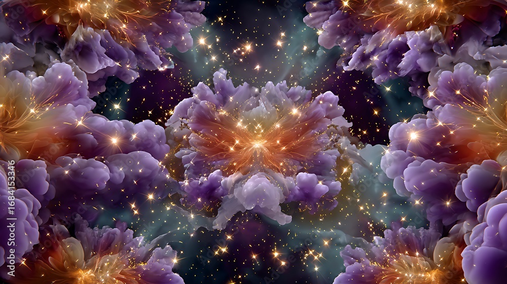 Fototapeta premium Abstract Cosmic Clouds with Sparkling Stars and Ethereal Swirls in Vibrant Purple and Orange Hues