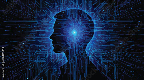 Futuristic Human Head Silhouette With Glowing Blue Circuitry And Data Streams artificial intelligence.