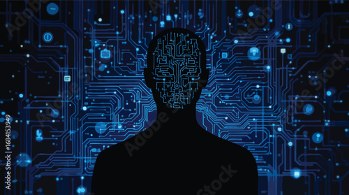 Silhouette of a Human Head Filled with Blue Circuitry Against a Detailed Digital Background vector.