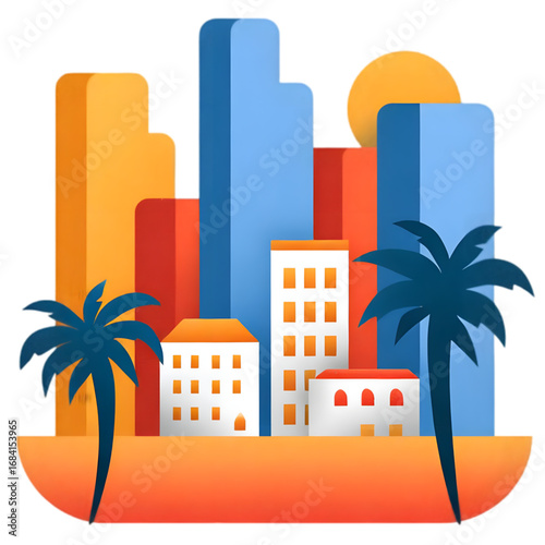 Stylized modern cityscape with skyscrapers and palm trees.