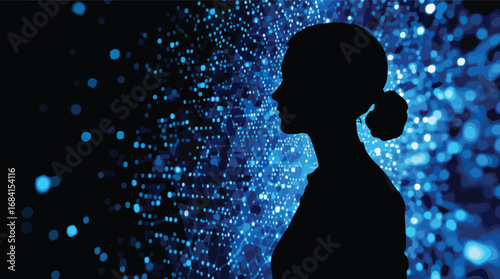 Woman's Profile Silhouette Against a Dark Background with Abstract Blue Digital Network head.